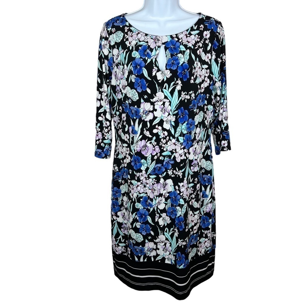 Medium Liz Claiborne Blue Floral Stretch Midi Lined Event Party Cocktail
